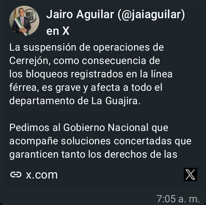Gobernador de La Guajira pide soluciones urgentes tras crisis en Cerrejón.