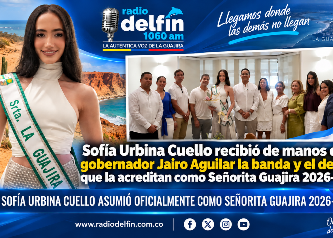 Sofía Urbina Cuello recibió de manos del gobernador Jairo Aguilar la banda y el decreto que la acreditan como Señorita Guajira 2026-2027.