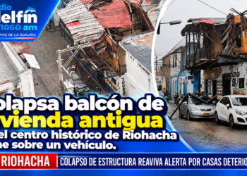 Colapsa balcón de vivienda antigua en el centro histórico de Riohacha y cae sobre un vehículo.