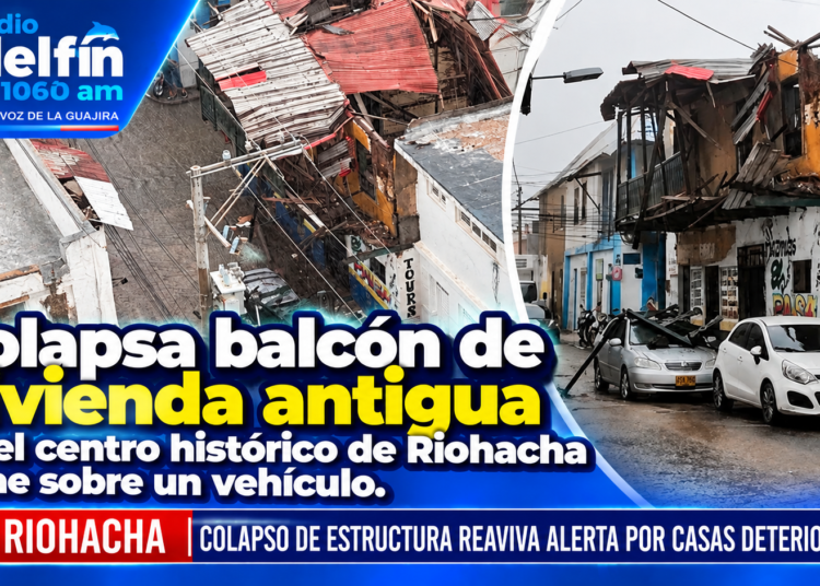 Colapsa balcón de vivienda antigua en el centro histórico de Riohacha y cae sobre un vehículo.